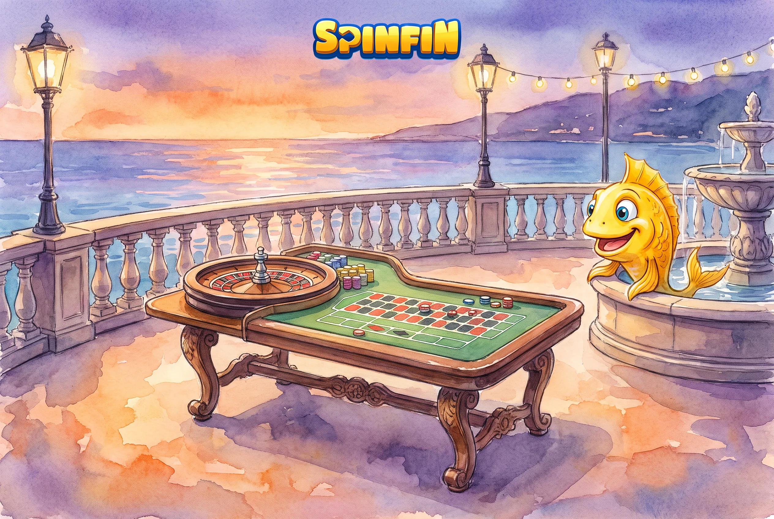 Casino live Spinfin dans un décor aquarellé de la Riviera.