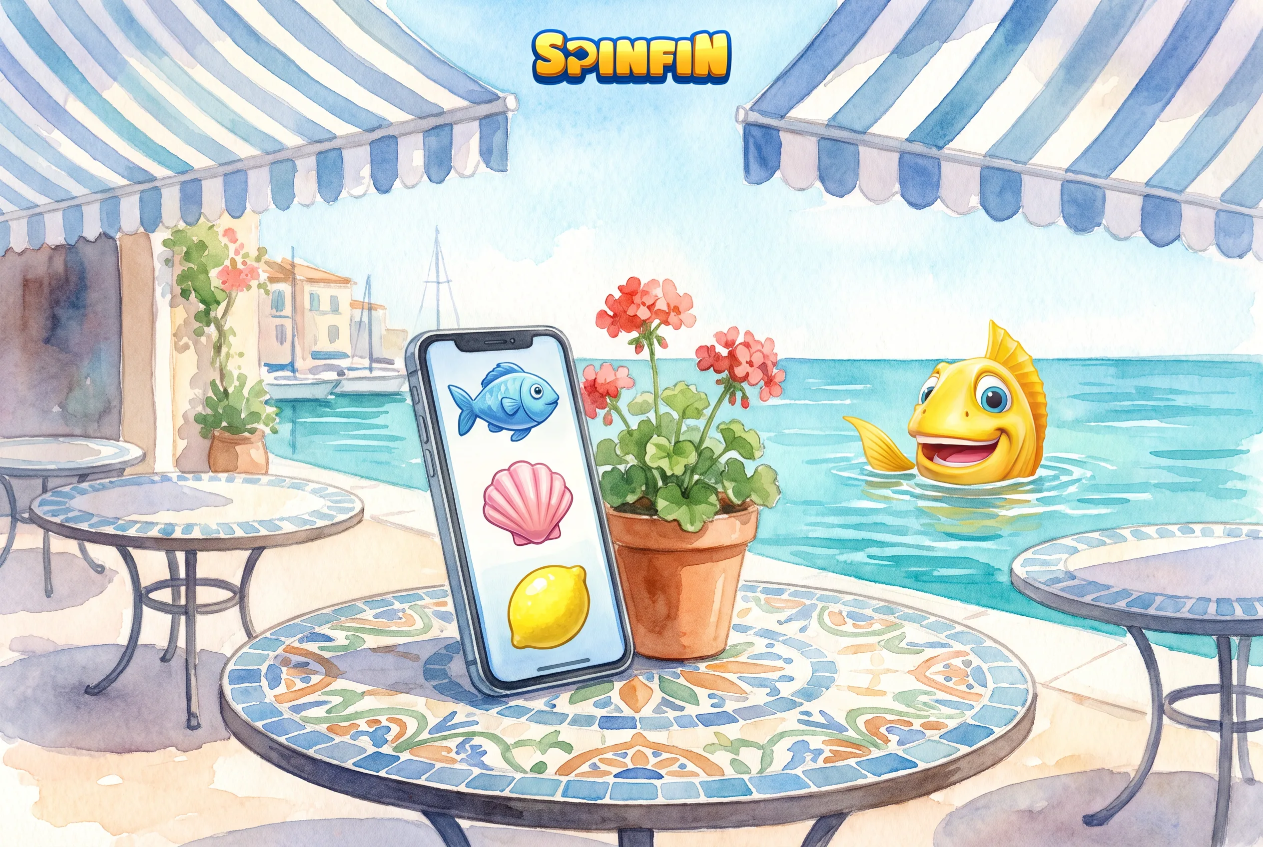 Spinfin sur un téléphone posé à une terrasse en bord de mer.