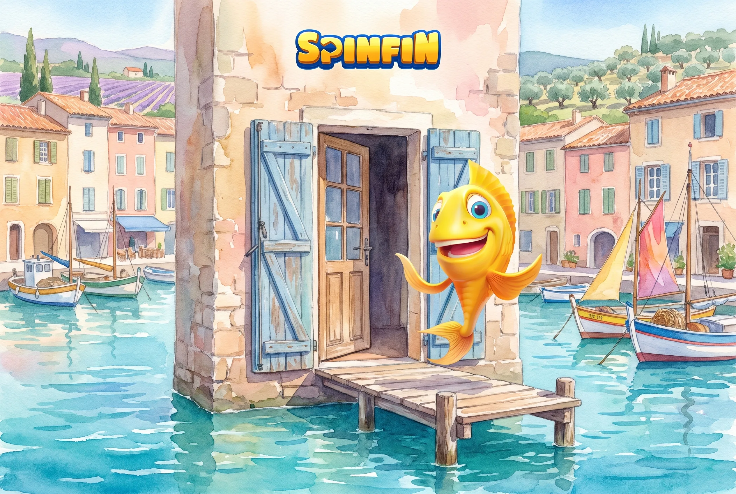 Guide illustré de création du compte Spinfin dans un décor de la Riviera.
